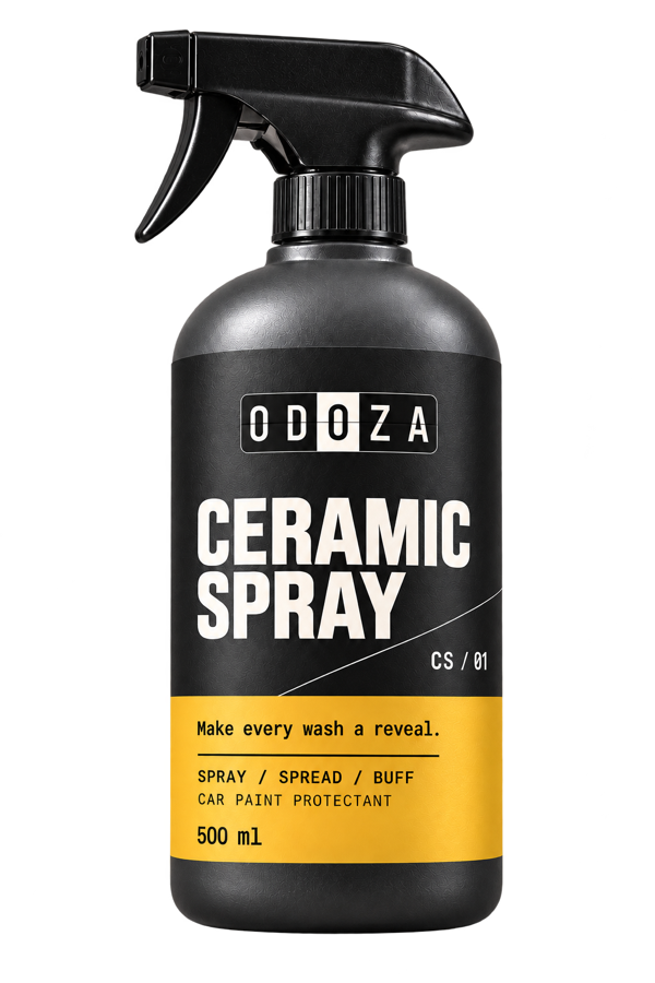 ODOZA Ceramic Spray packaging concept: graphite bottle, black trigger, centered odometer logo and amber label.